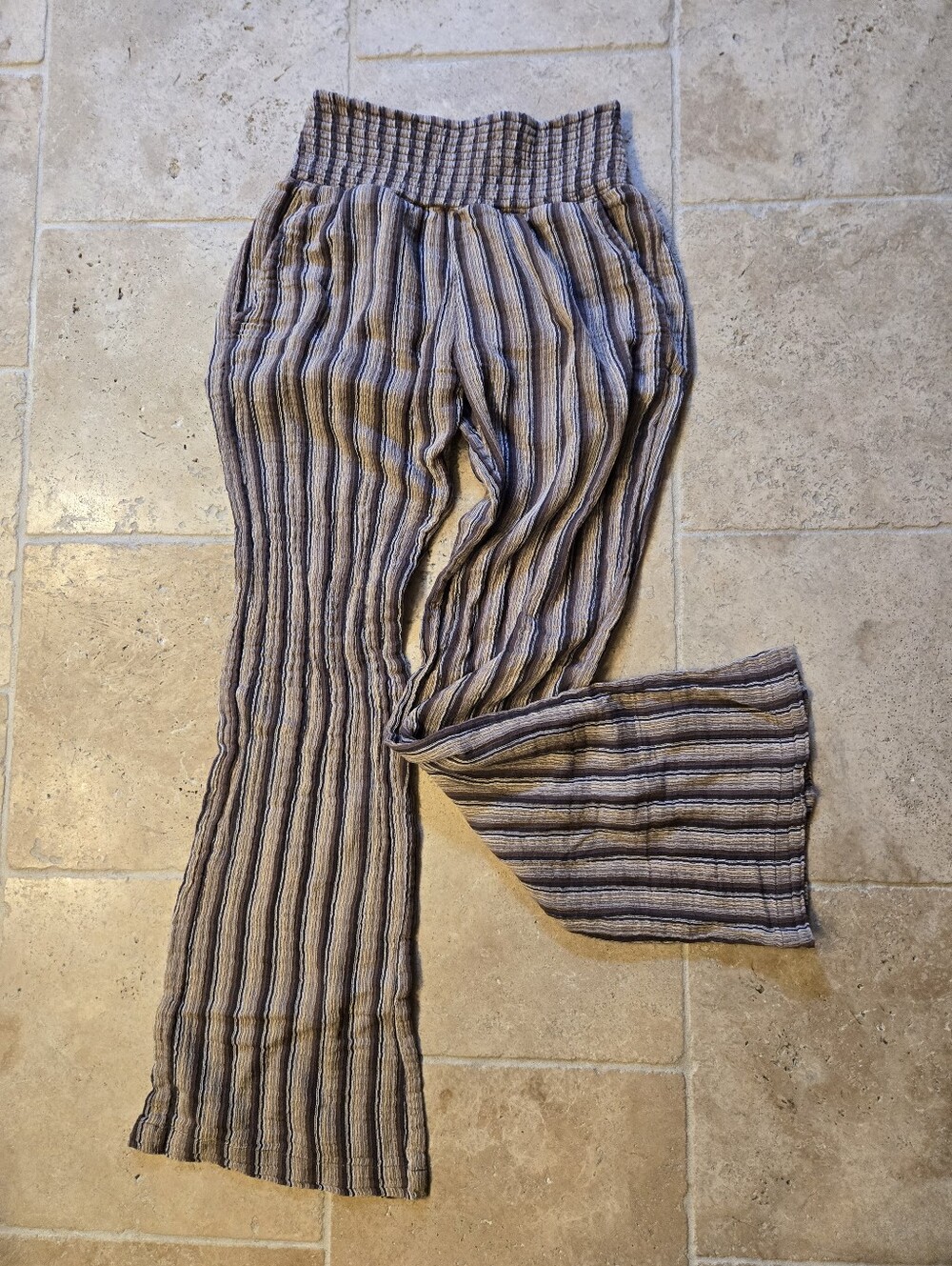 Striped Elastic-Waist Womens Pants in Browns and Cream